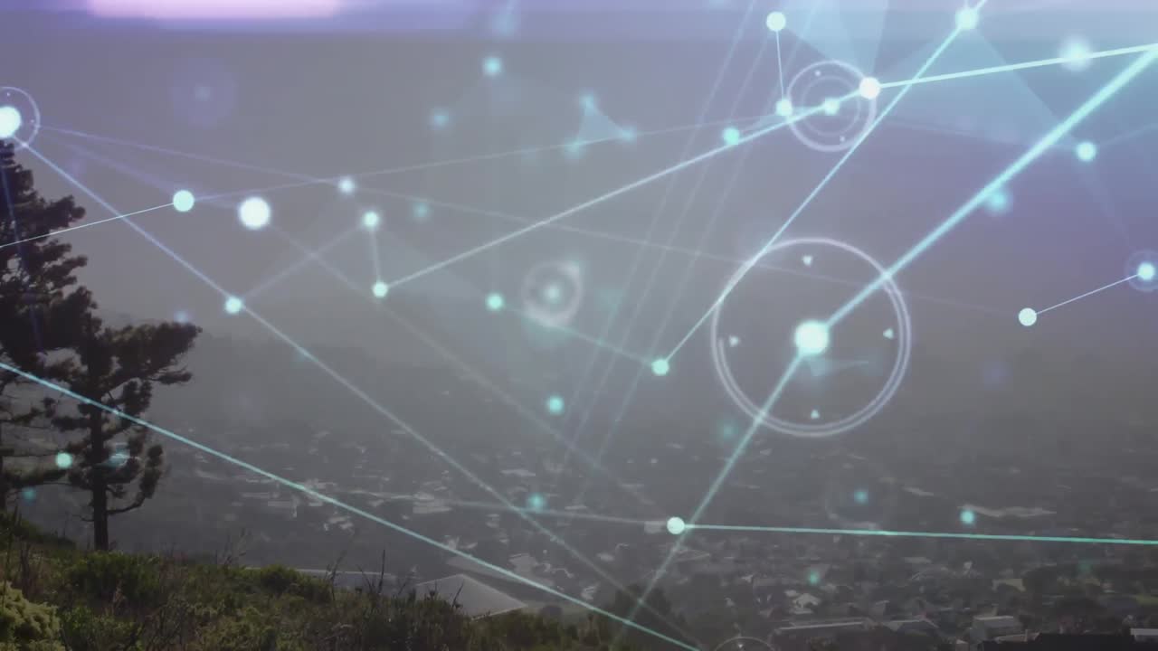 animación de la red de conexiones sobre el paisaje urbano