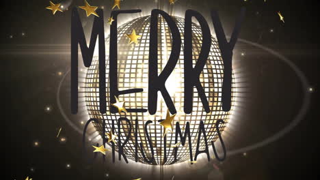 animation of merry christmas text over disco ball and stars falling