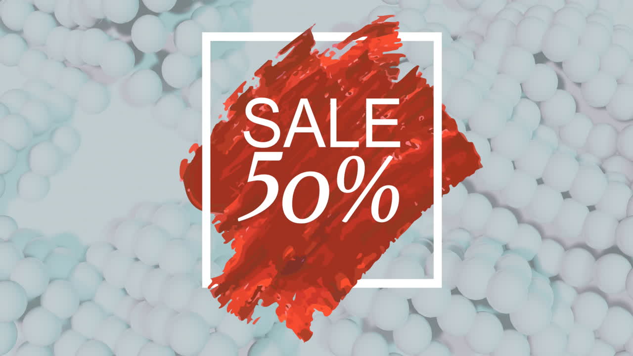 animación de venta 50 por ciento de texto en marco blanco sobre fondo pulsante rojo y blanco
