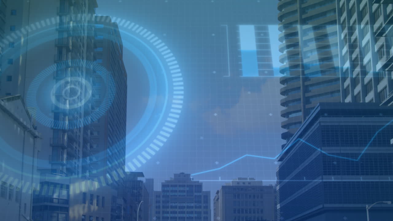 현대 건물 위의 스크린에서 스 ⁇  스캐닝과 데이터 처리의 애니메이션