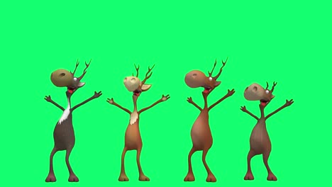 a 3d animated scene of christmas reindeer with lively expressions and synchronized movements against the green background.