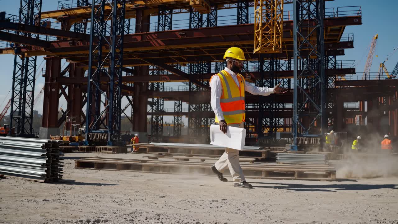 Wide-angle shot of a construction site with a worker in a hard hat and vest walking
