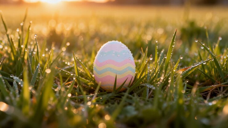 Sun brightening, single decorated pastel Easter egg shimmering in dewy lawn, catching bokeh