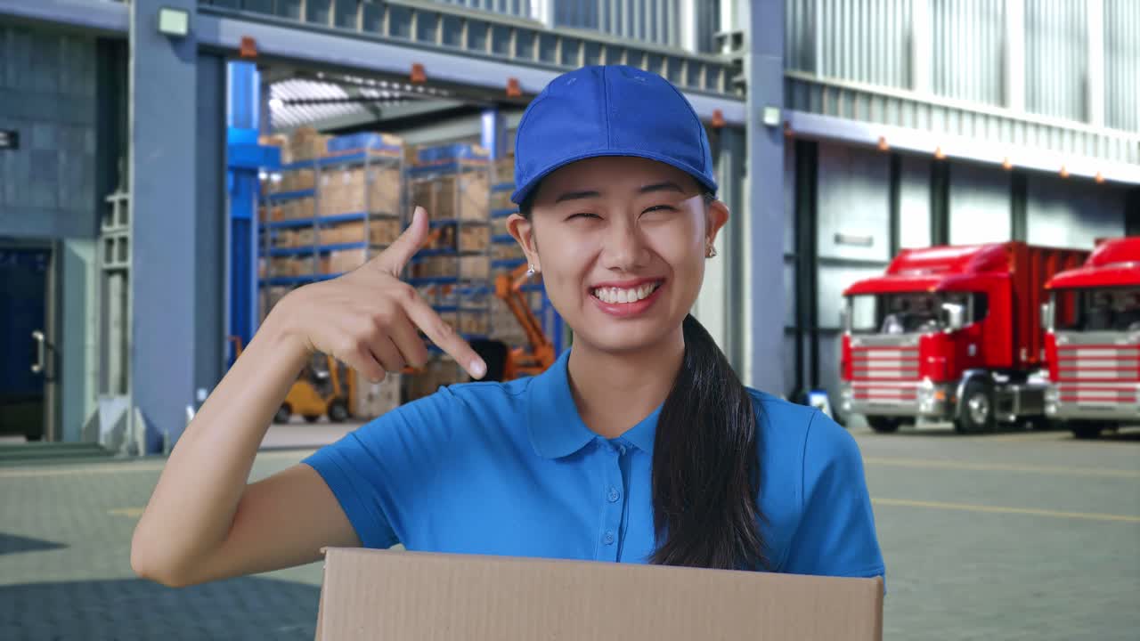 Close Up Of Asian Female Courier In Blue Uniform Smiling And Pointing To A Carton In Hand While Delivering It, Outside Warehouse