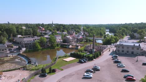 elora ontario 60fps slow aerial over historic 19th century downtown on the grand river