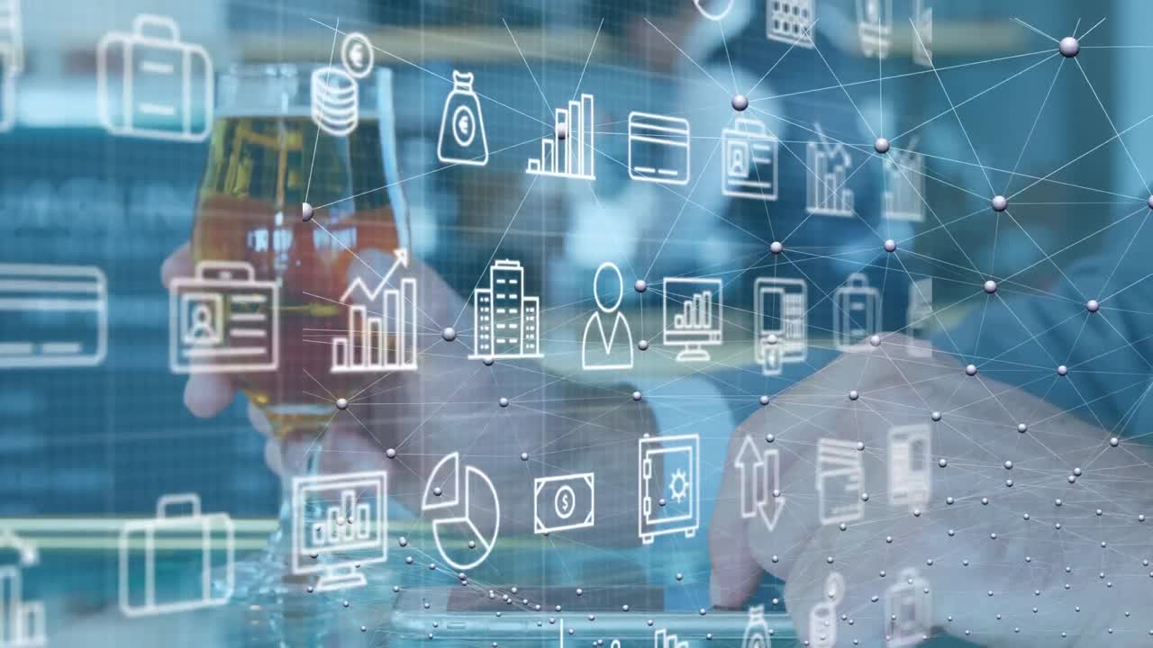 animación de iconos de negocios sobre hombre caucásico usando teléfono inteligente