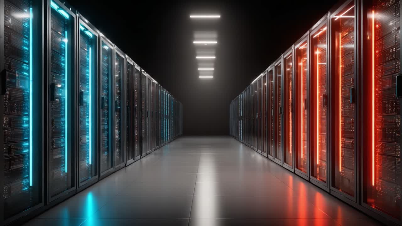 Et slående billede af et moderne datacenter, der viser rækker af oplyste serverracks med levende blåt og rødt lys, hvilket fremhæver den avancerede teknologi i anlægget.