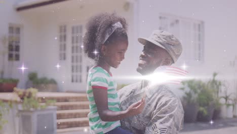 animation of lights over happy african american soldier father hugging daughter