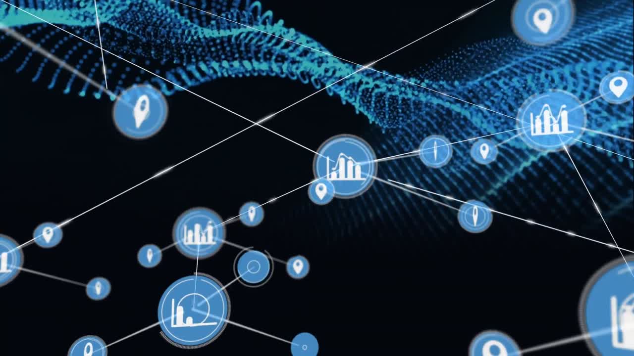 Animation of network of connections with icons over blue net