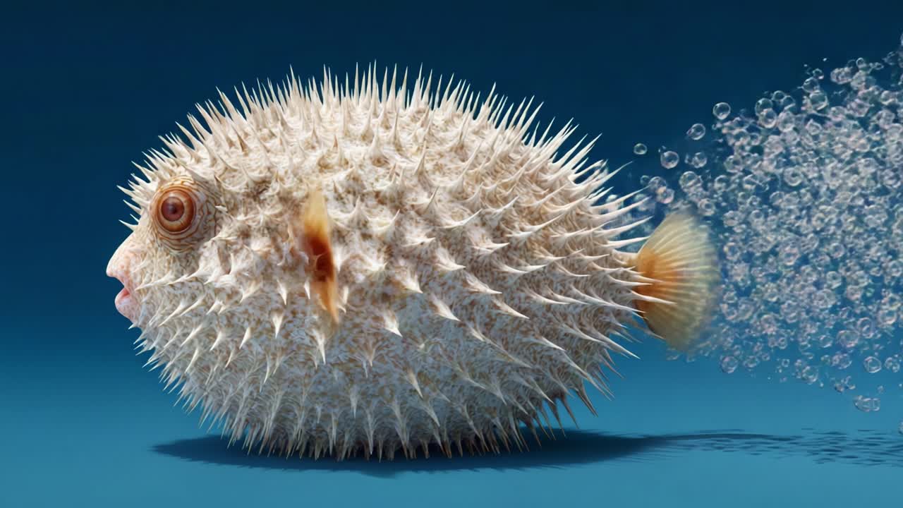 A Spiny Pufferfish Exhibiting Unique Defense Mechanism through Inflation and Bubbles, Captured in Vibrant Detail Against a Rich Blue Background