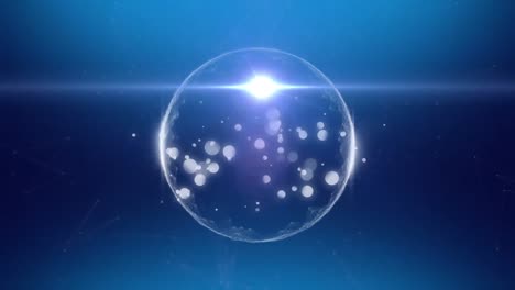 Animation-of-white-spots-forming-glow-and-glowing-spot-with-lens-on-blue-background