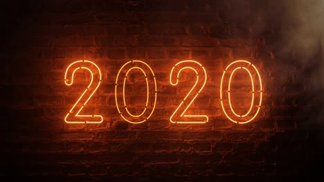 2020 fire orange neon sign background new year concept. happy new year. brick background. flicker light