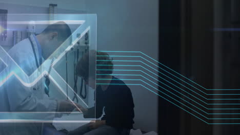 examining child, doctor using digital data processing in medical setting