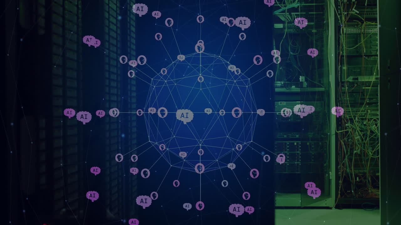 animación de la red global de íconos de chatbot de ia que giran sobre la habitación del servidor de la computadora oscura