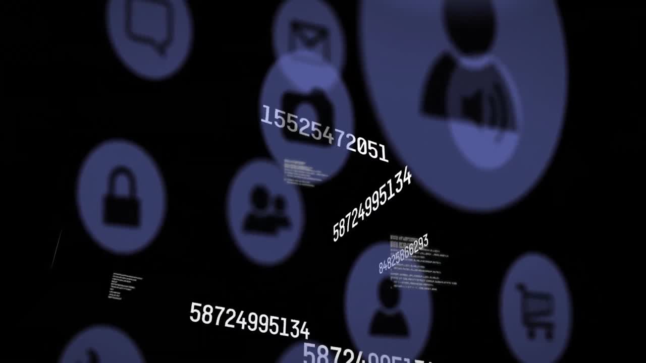 검은색 바탕에 디지털 아이콘을 통해 과학적 데이터 처리의 애니메이션