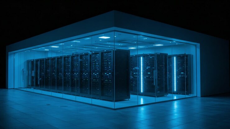Un moderno data center che mostra rack di server ad alta tecnologia in un involucro di vetro illuminato, sottolineando l'evoluzione delle soluzioni di archiviazione digitale e dell'infrastruttura.
