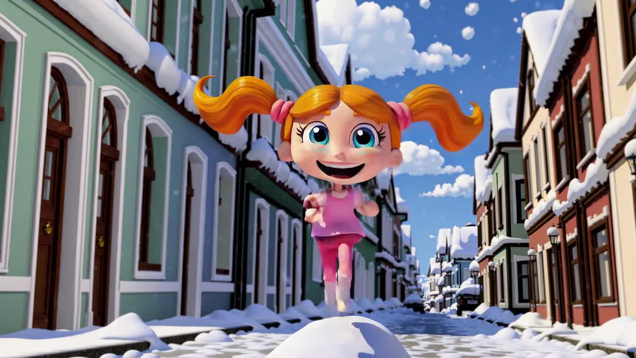 A vibrant 3D animated video scene of a joyful girl with pigtails running through a snowy street