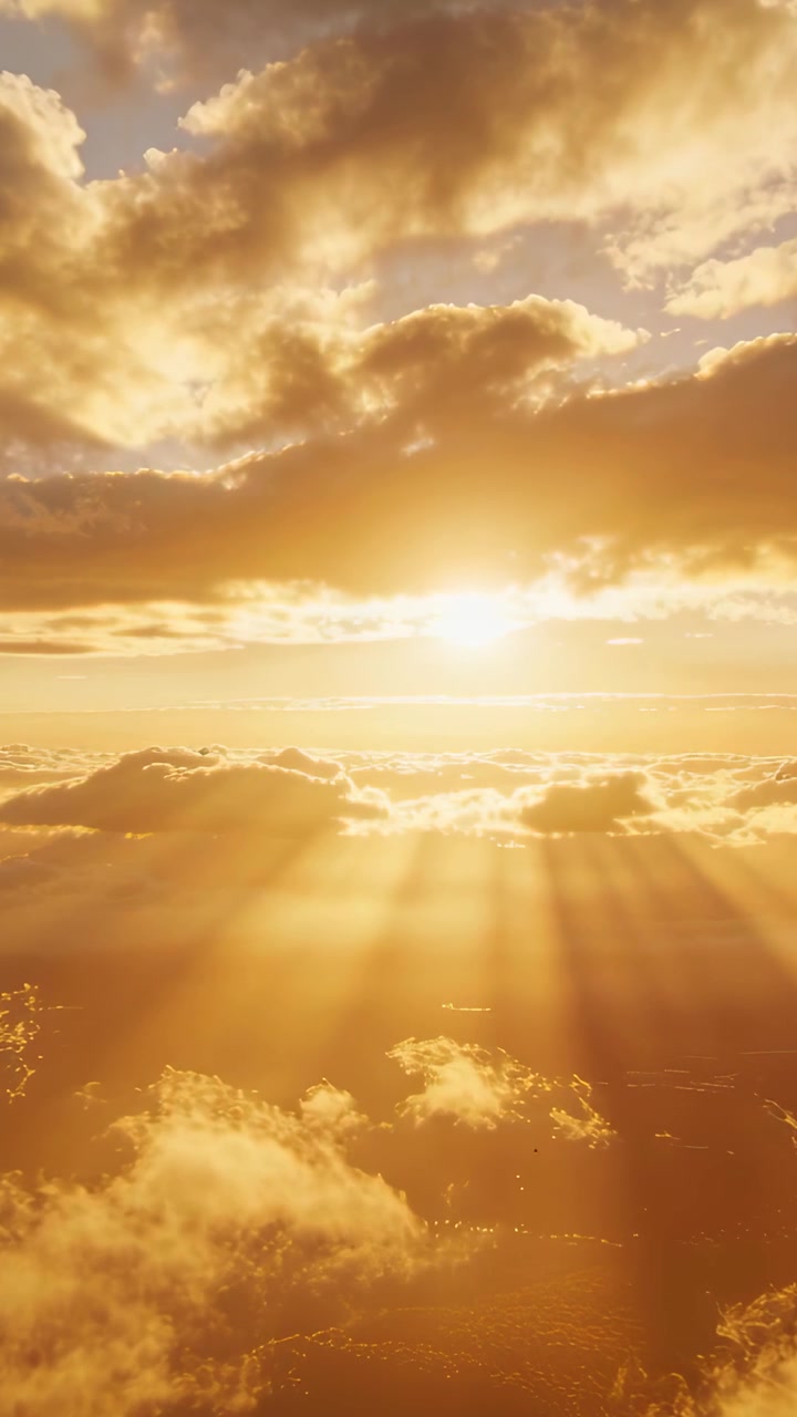 Vertical video: Emerging low sun sending widening sunbeams above cloud layer, illuminating tops