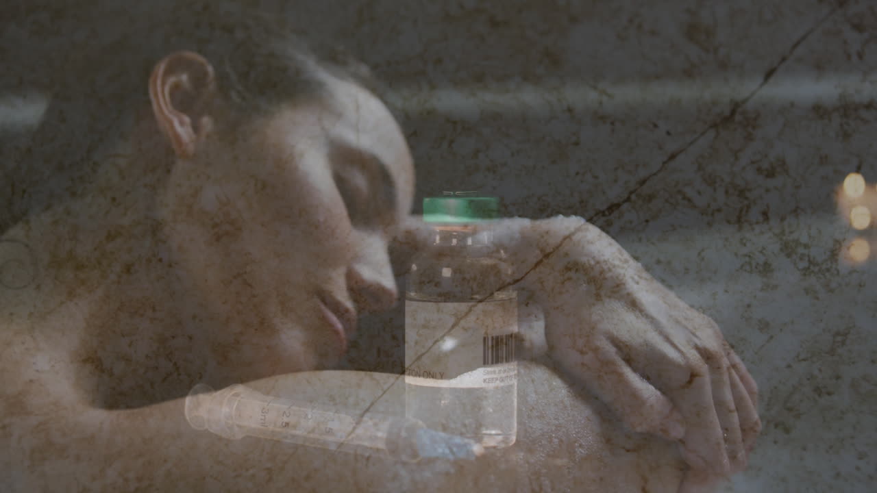 Resting head on arm, woman with animation of medical vial and syringe