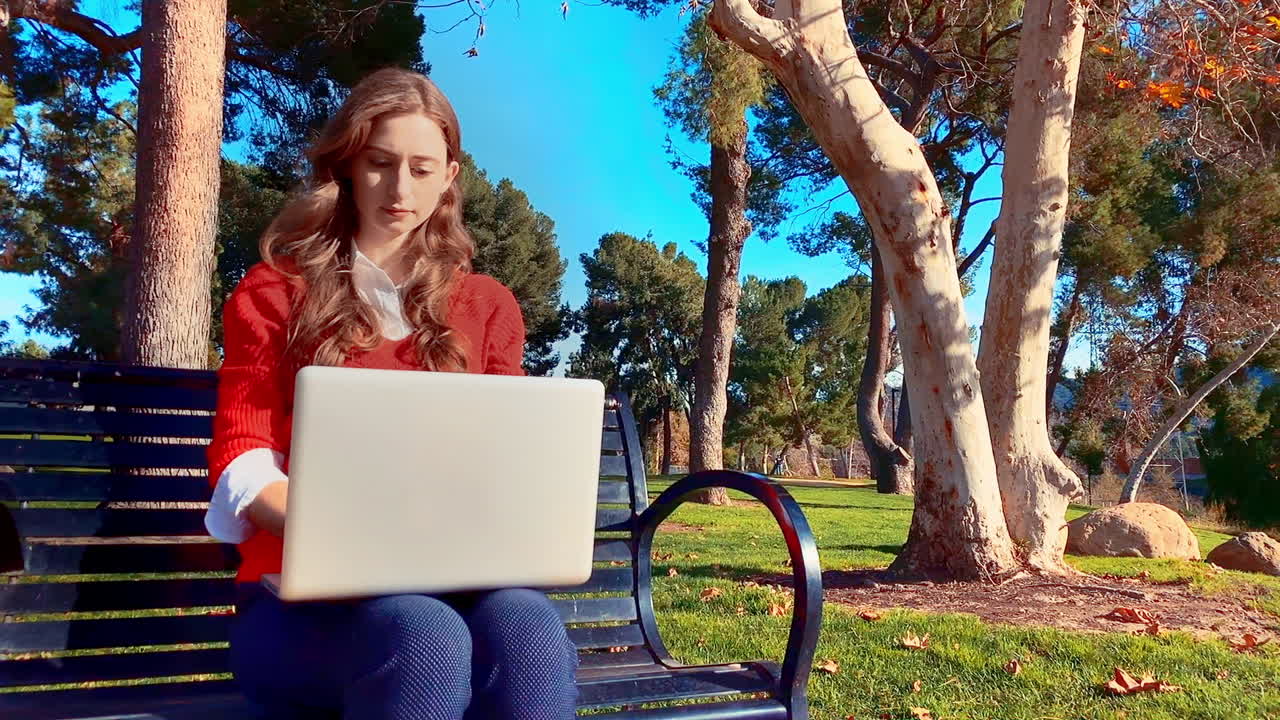 una feliz, atractiva, joven, mujer caucásica en el parque, sentada en un banco, escribiendo en su computadora portátil