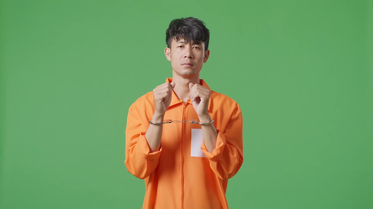 오렌지색 스웨터와 수갑을 입은 남자