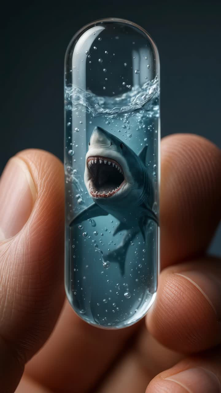 Close-up of a hand holding a capsule with a shark inside, captured from a low angle