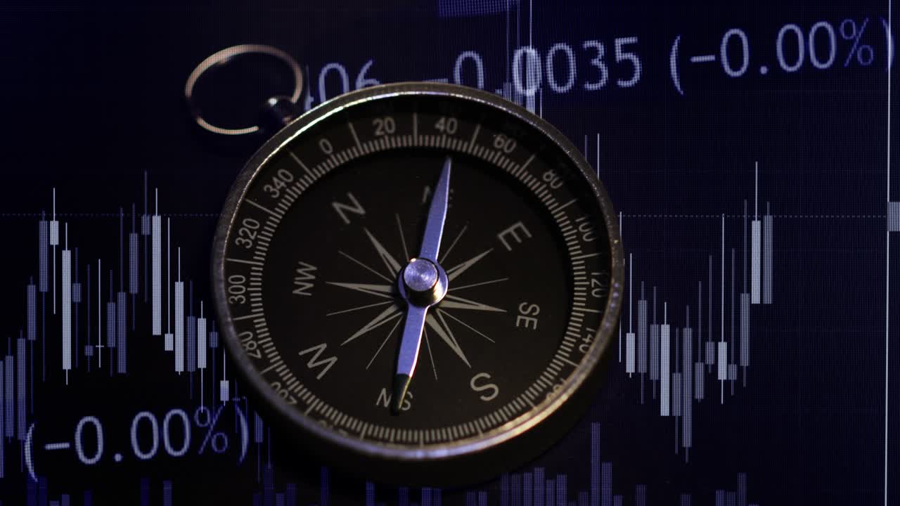 una toma de una brújula con gráfico de comercio