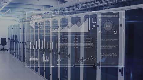 data analytics and global network animation over server racks in data center