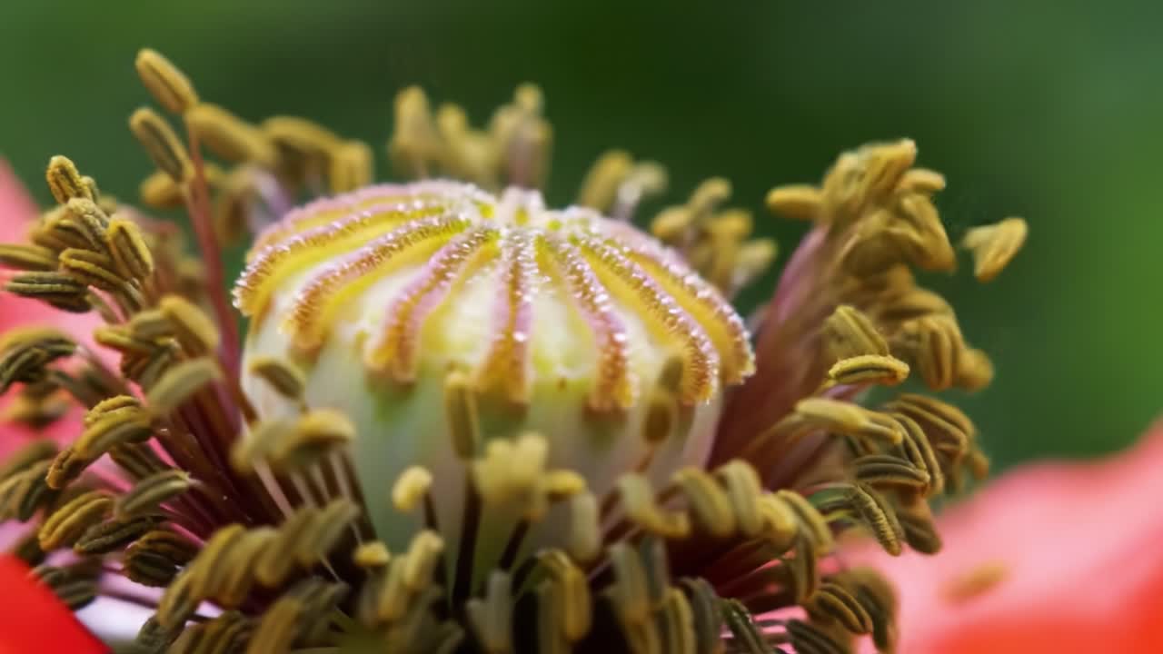 A Stunning Close-Up of a Vibrant Flower's Stamen, Capturing the Intricate Details and Colorful Patterns of Nature's Beautiful Design