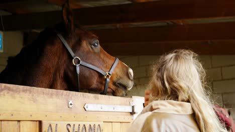 mujer de pie cerca de un caballo en el establo 4k