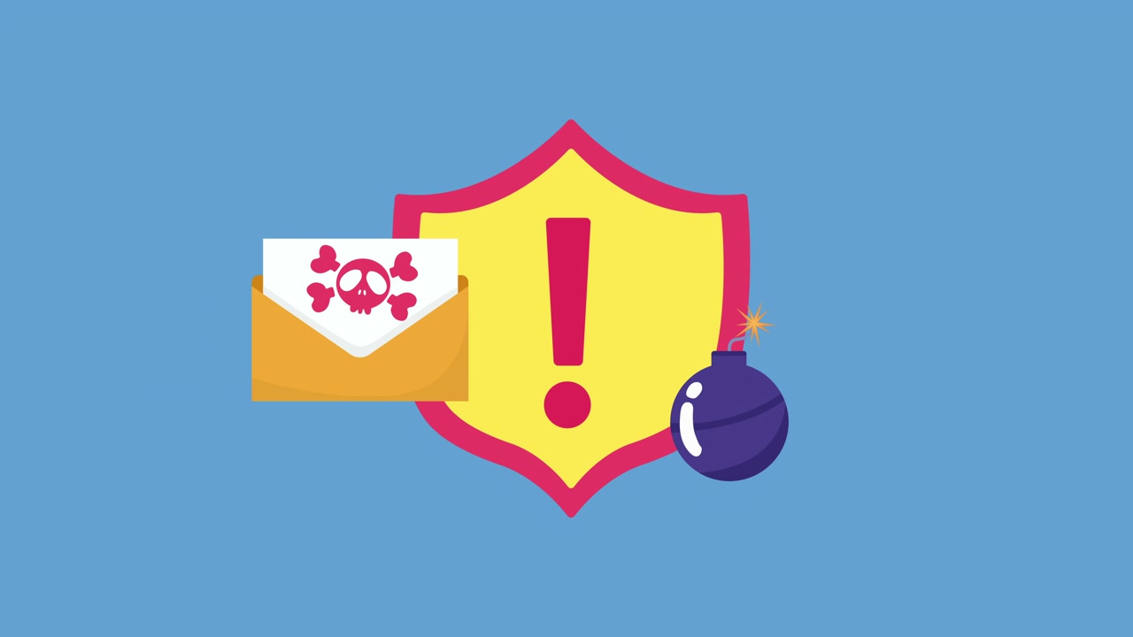 Concetto animato di cybersecurity con scudo e minaccia di email di phishing
