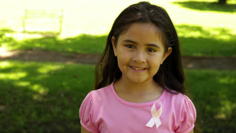 una niña sonriente vestida de rosa para concientizar sobre el cáncer de mama en el parque