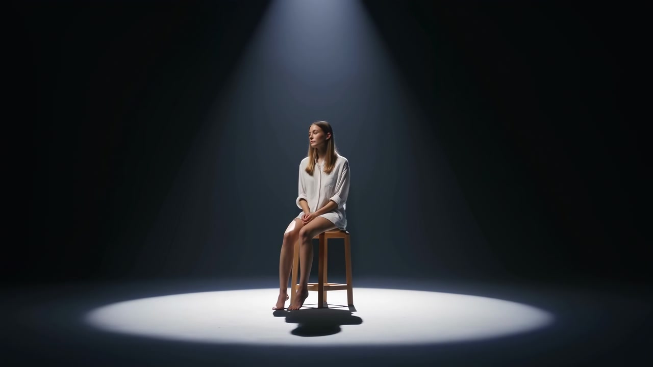 Woman remains seated with hands resting on her lap as her gaze shifts gradually toward one side, framed by black surroundings, bright overhead beam, and crisp floor shadow.