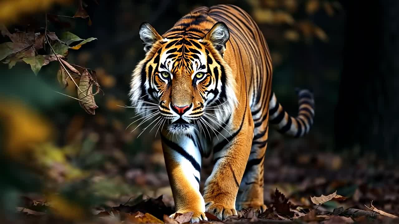A majestic tiger prowls through a forest, captured in a low-angle shot