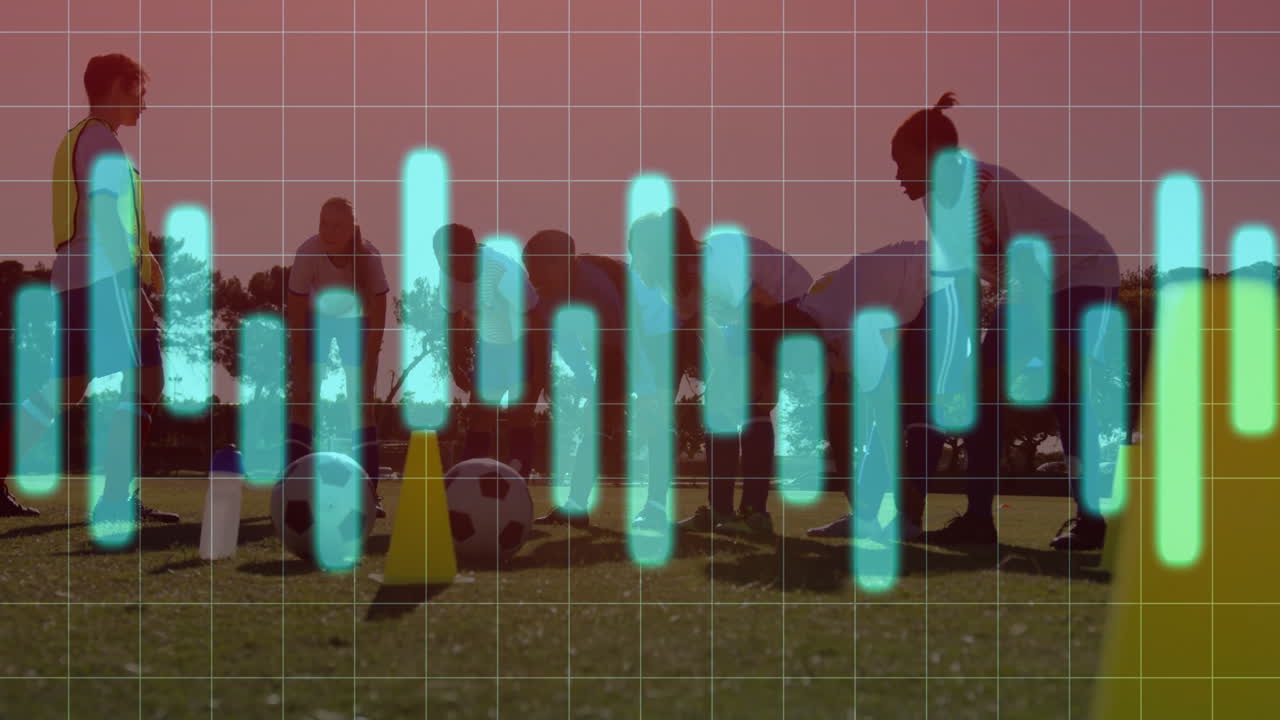 People playing soccer with bar graph animation overlay on grid background