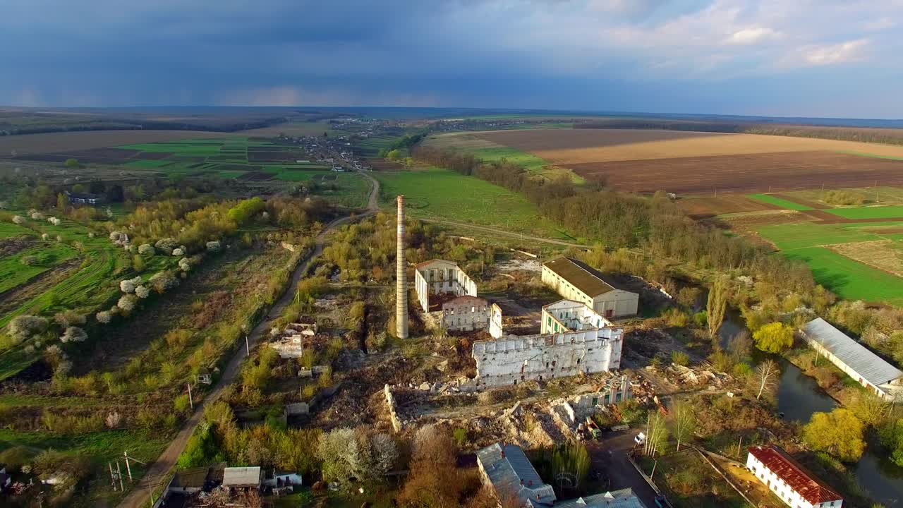 Aerial view of a destroyed factory. Remains of buildings 01