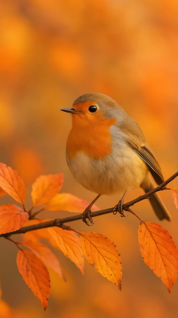 Primo piano di un pettirosso appollaiato su un ramo, circondato da vivaci foglie autunnali