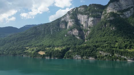 Filmische-Drohnenaufnahme-Der-Natürlichen-Schönheit-Des-Schweizer-See--Und-Berggrüns