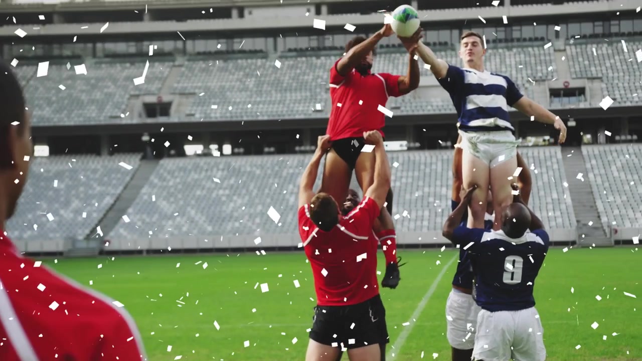 Animation af konfetti, der falder over forskellige mandlige rugbyspillere på stadion