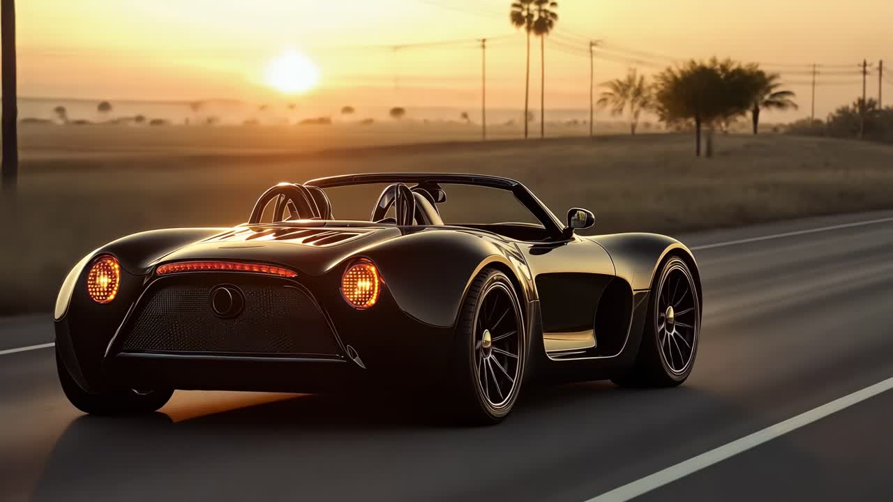Inquadratura dal basso di un'elegante auto sportiva d'epoca che guida su una strada panoramica al tramonto.