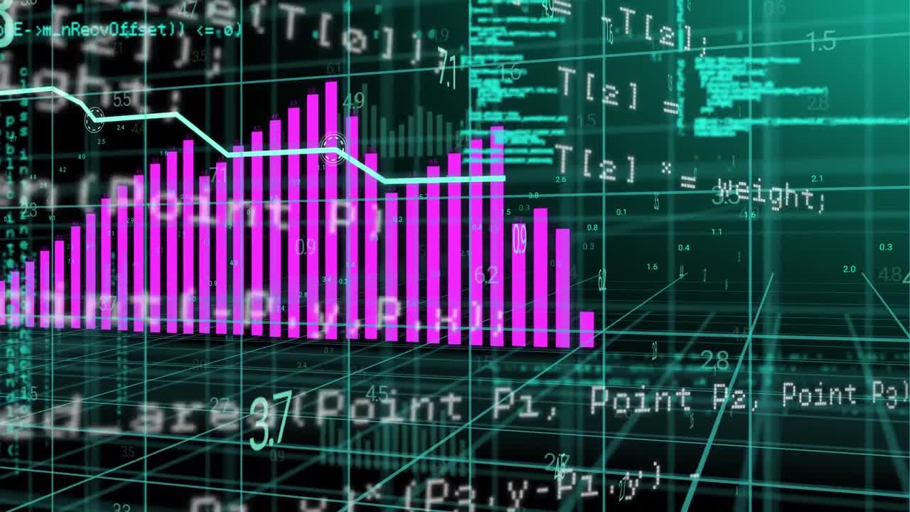 animación de gráficos rosados y azules con datos de procesamiento y cuadrícula 3d en fondo negro