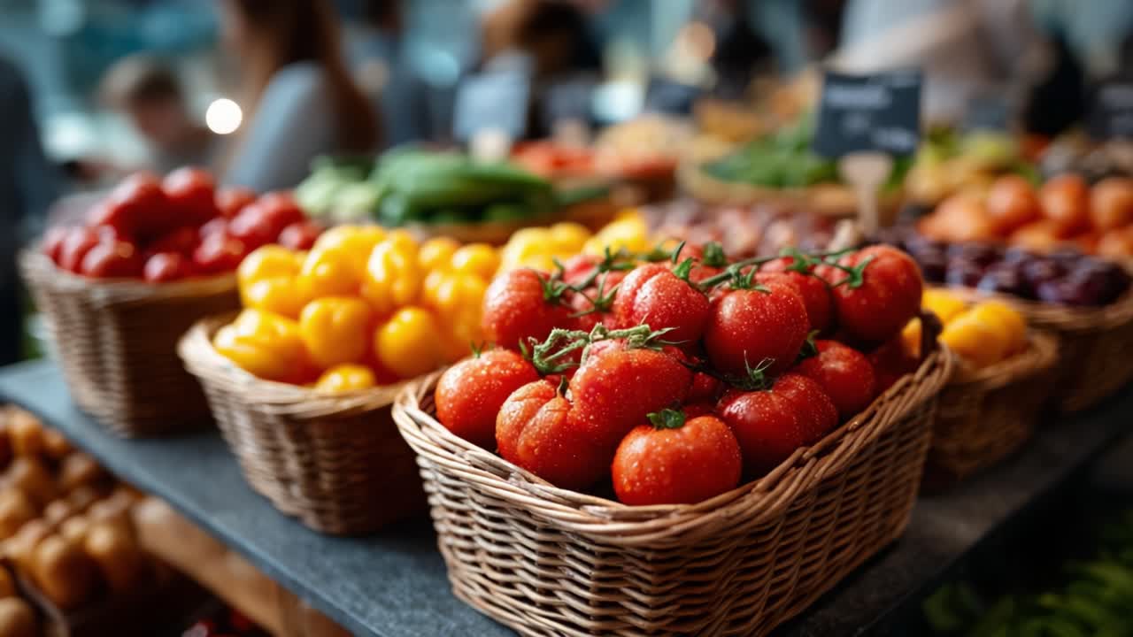 A Vibrant Display of Fresh Produce with Baskets of Juicy Tomatoes, Colorful Bell Peppers, and Assorted Vegetables at a Local Market Stand