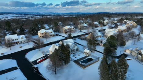 beautiful winter snow aerial of american suburbia