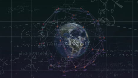 Animation-of-network-of-connections-and-data-processing-over-globe-and-mathematical-equations