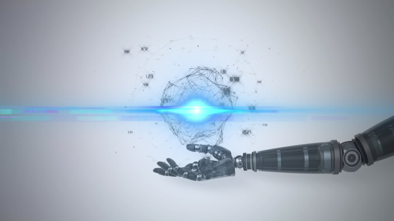 Animation of network of processing data over hand of robot arm, with blue light on grey background