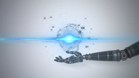 animación de la red de procesamiento de datos sobre la mano del brazo del robot, con luz azul sobre fondo gris