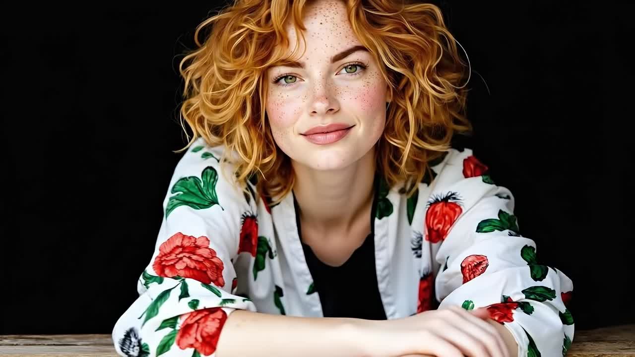 A woman with red hair and freckles sitting at a table