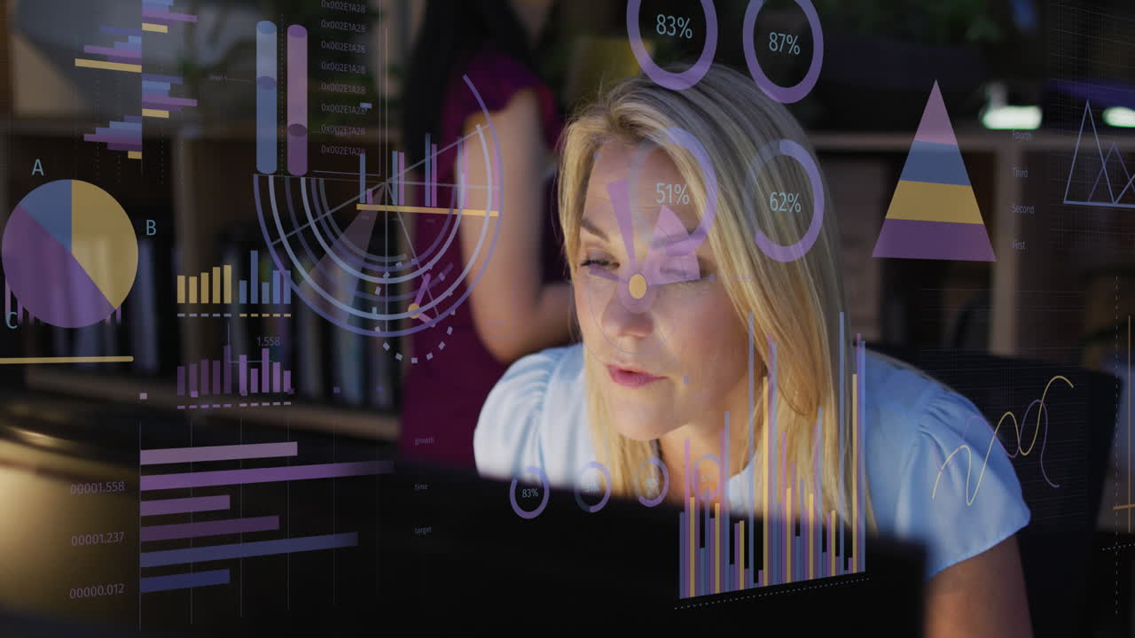 Animation of financial data processing over caucasian businesswoman working in office