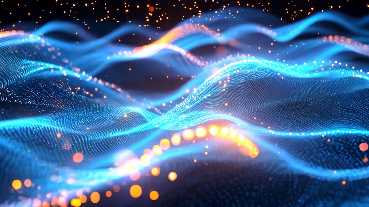 A blue and orange wave with many small dots. The wave is very long