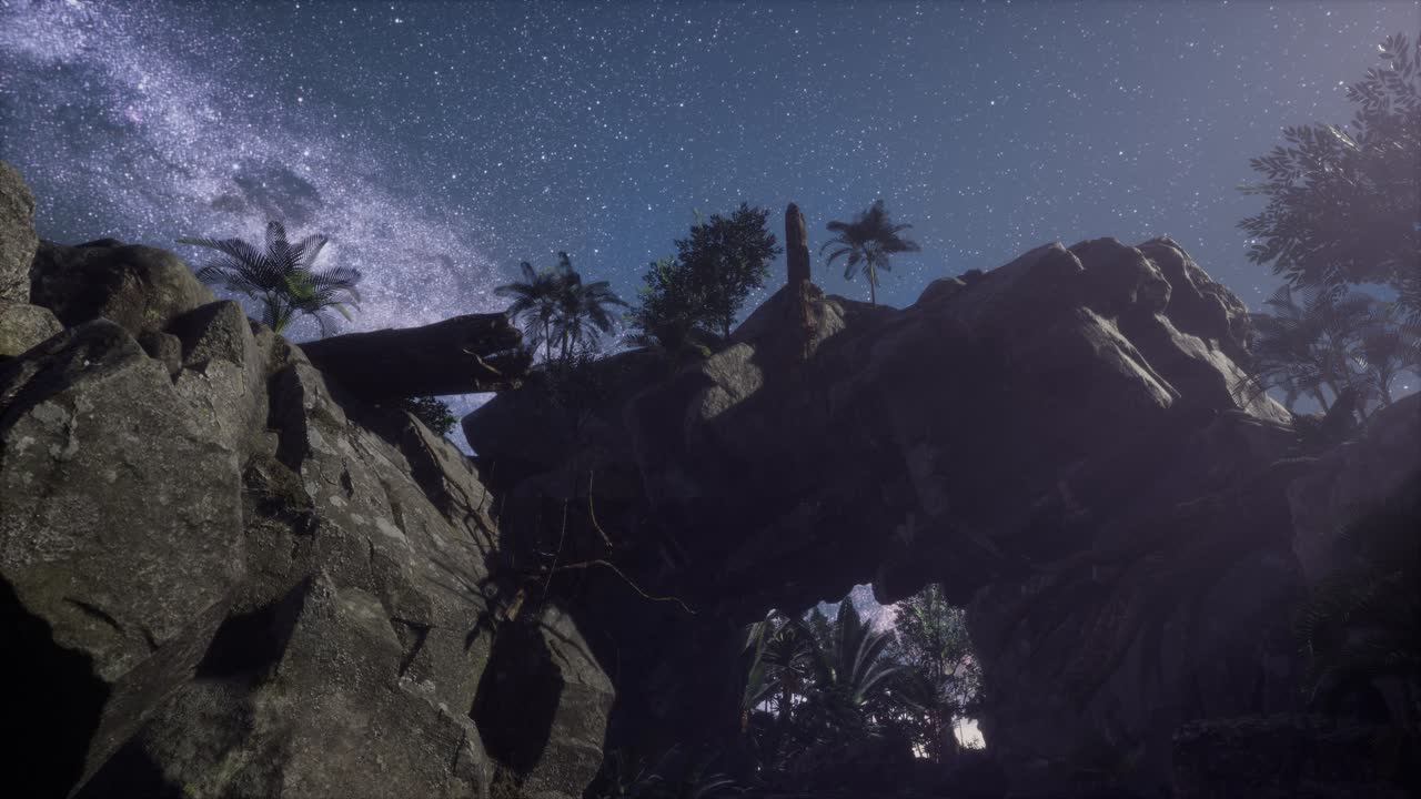 un paisaje nocturno irreal a través de una cueva con la vía láctea